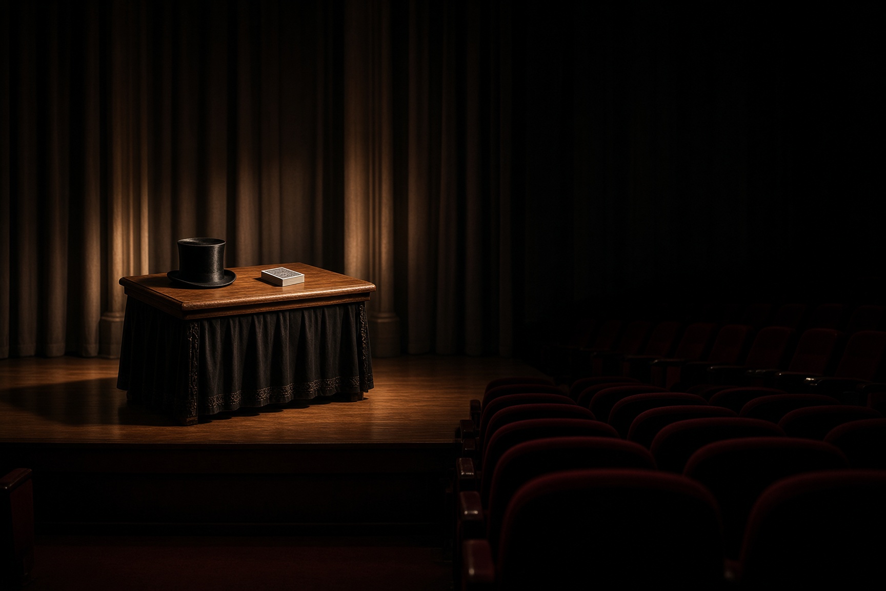 A darkened auditorium with a magician’s table in a warm spotlight