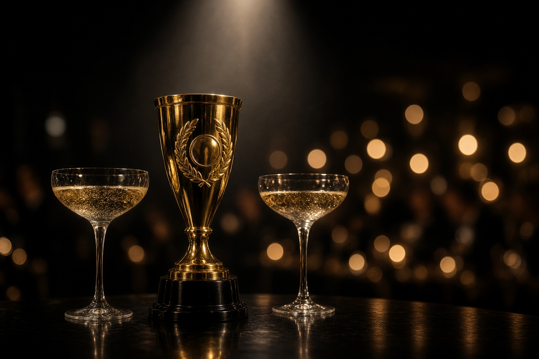 A gold trophy and champagne glasses on a black-tie table