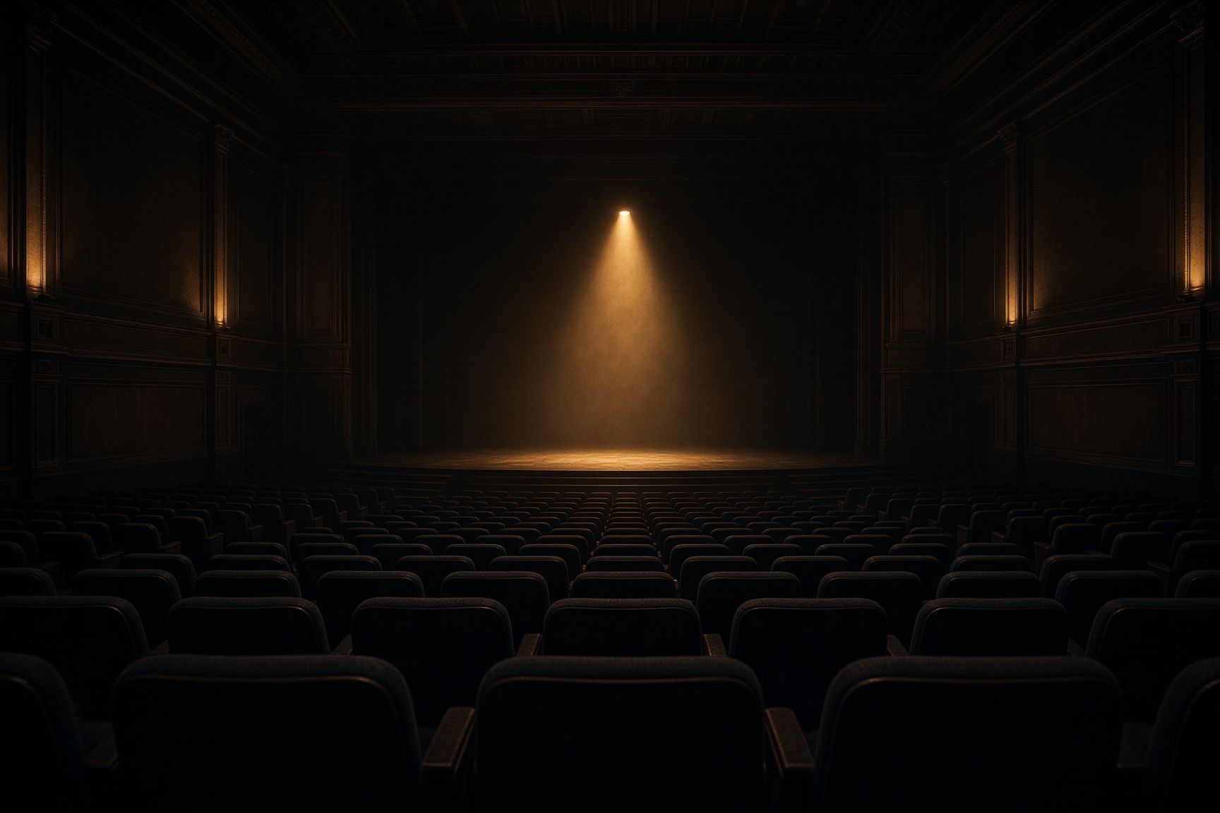 A conference hall facing a single spotlight on an empty stage