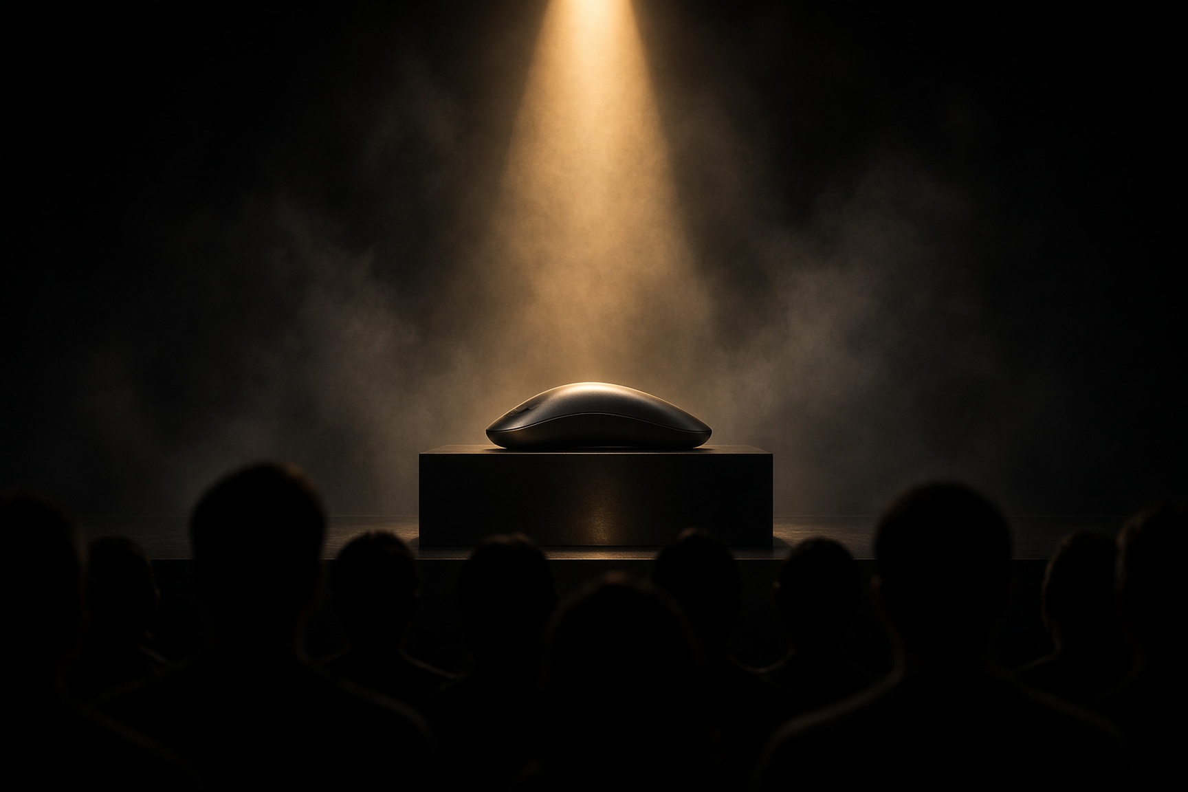 A product on a black stage under a shaft of light