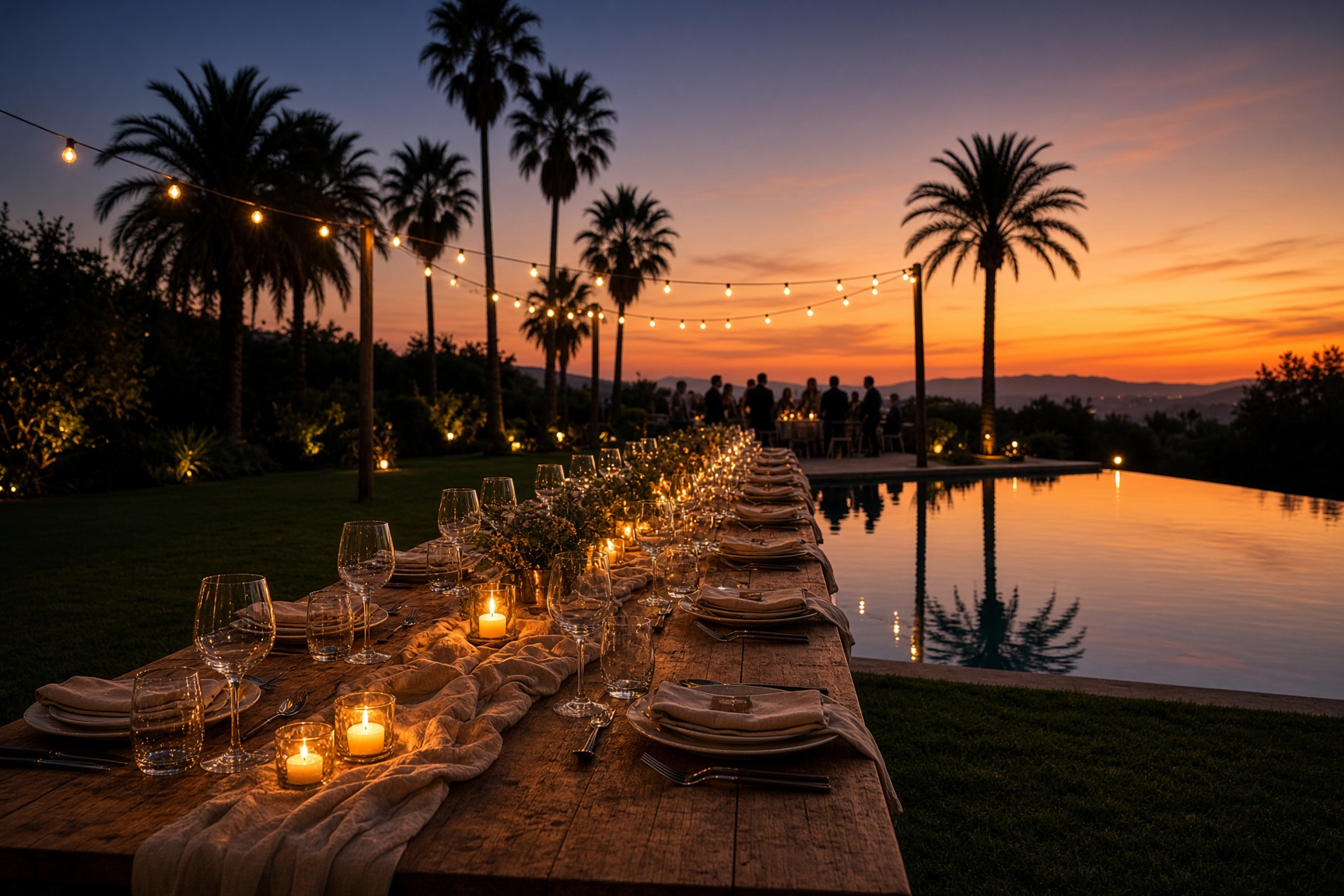 A long table set for a company offsite beside a pool at dusk